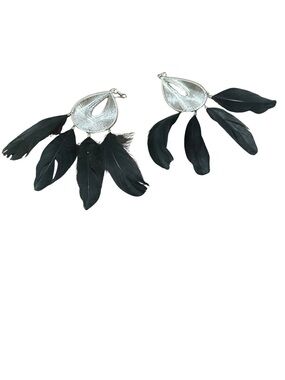 Black Feather and Silver Teardrop Dangle Earrings